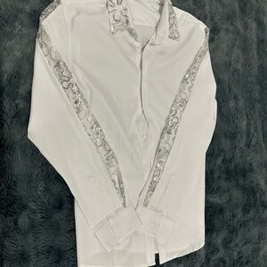 White Men's Dress Shirt with Silver Sequin Trim